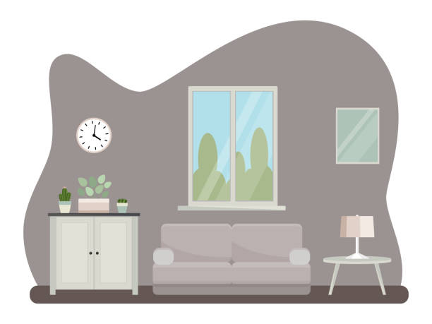 家具付きのリビング ルームのインテリア。フラットな漫画のスタイル。ベクトル図 - chandelier residential structure living room sofa点のイラスト素材／クリップアート素材／マンガ素材／アイコン素材