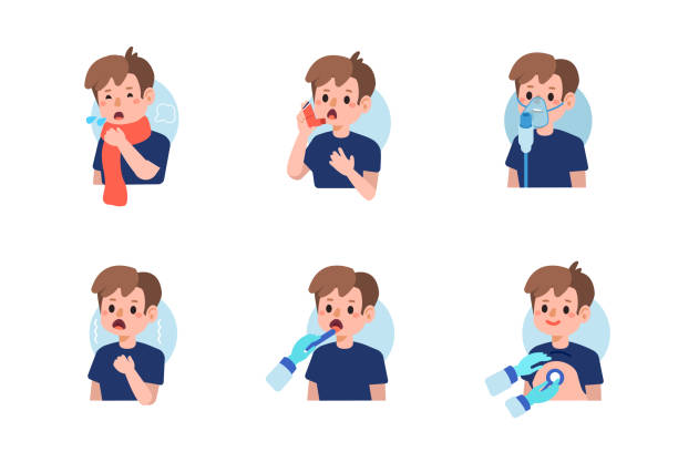 astmy - asthmatic child asthma inhaler inhaling stock illustrations