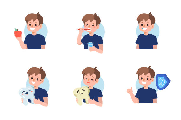 teeth Cute boy take care about his teeth. Flat cartoon vector illustration isolated on white background. school cleaning stock illustrations
