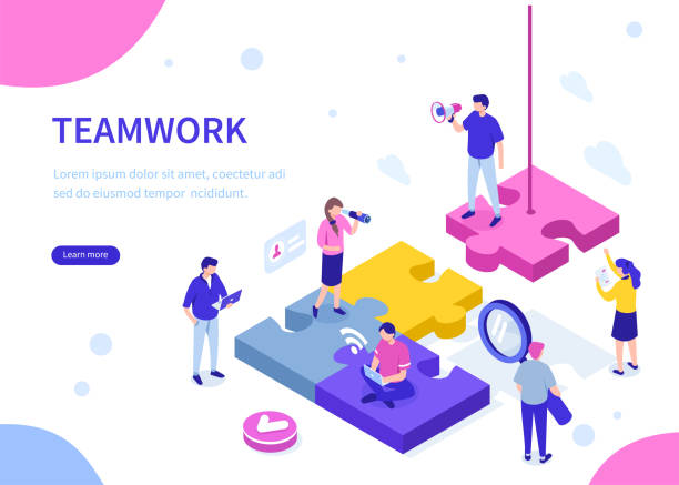 team work Teamwork concept with puzzle. Can use for web banner, infographics, hero images. Flat isometric vector illustration isolated on white background. solution illustrations stock illustrations
