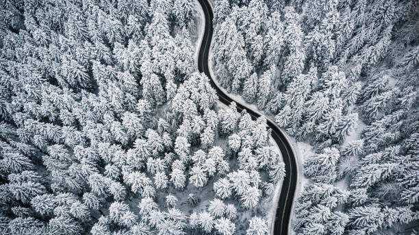 istock Curvy windy road in snow covered forest, top down aerial view 1084951166