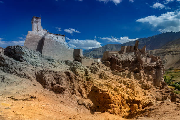 Basgo monastery surrounded with stones and rocks, Ladakh, Jammu and Kashmir, India - blue sky background, daytime image.