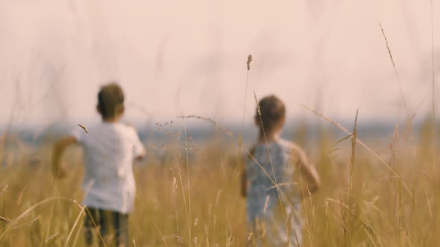 MS Carefree boy and girl running in sunny idyllic rural field