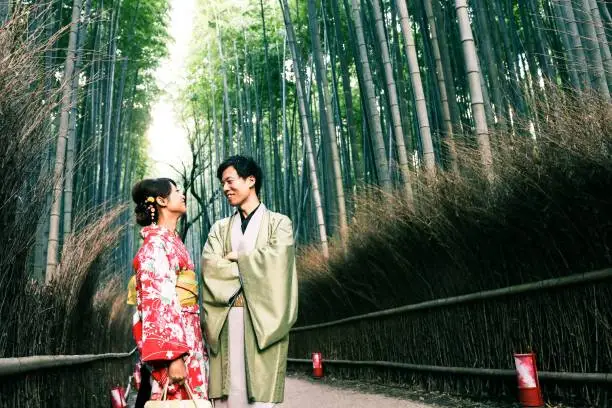 Japanese couple are wearing the Japanese traditional kimono