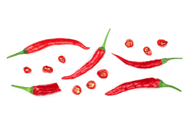 istock red hot chili peppers isolated on white background. Top view. Flat lay pattern 1084978286