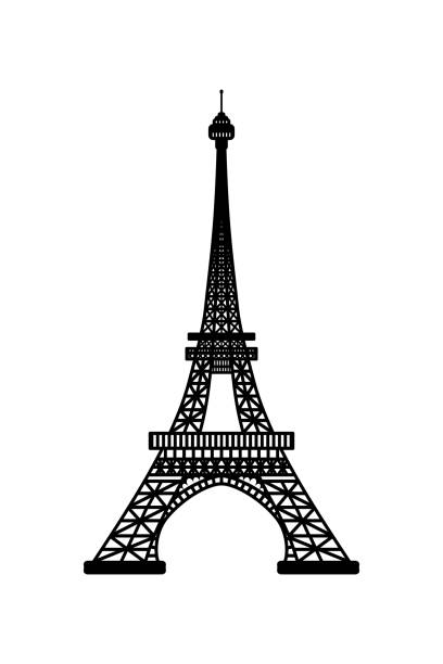 darstellung des symbols der eiffelturm von paris, frankreich. schwarze silhouette isoliert auf weißem hintergrund - eiffel tower black and white paris france construction stock-grafiken, -clipart, -cartoons und -symbole