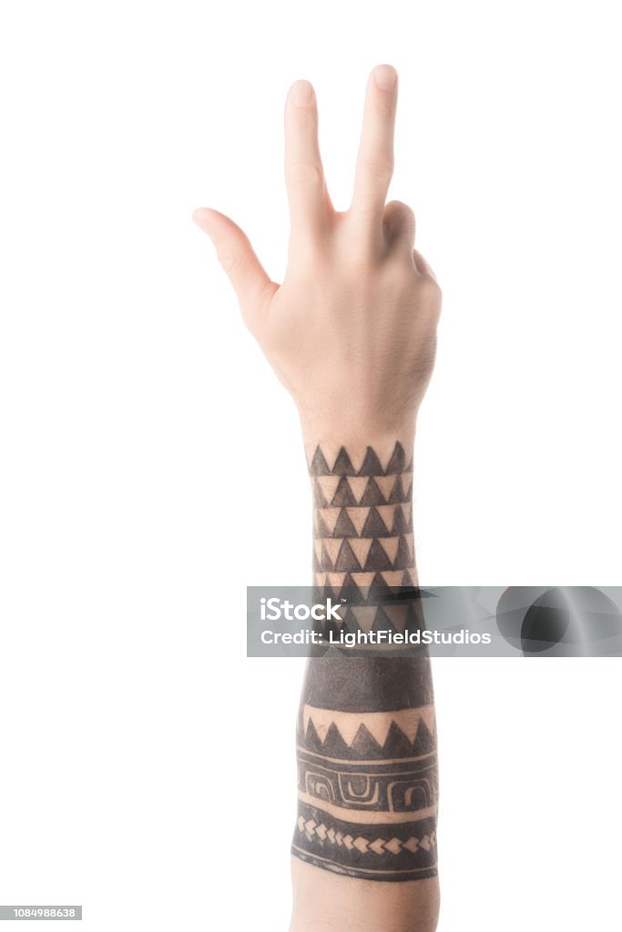 Partial View Of Tattooed Man Showing Number 3 In Sign Language Isolated On  White Stock Photo - Download Image Now - iStock