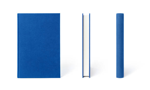 Blue standing hardcover book isolated, the view from three angles.