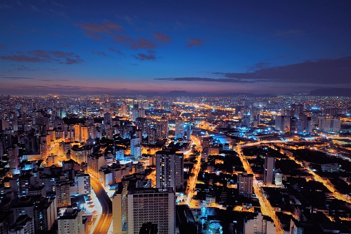 drone view of city at night