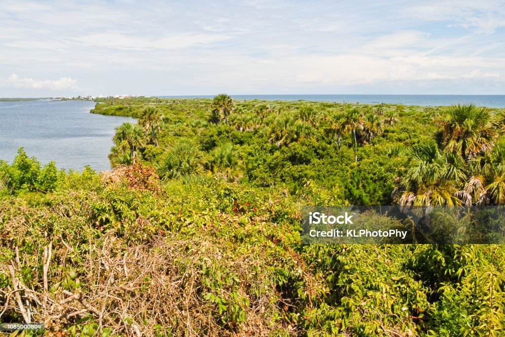 View of Island, River, and Ocean An elevated view of an island. On the left is seen the intercostal waterway of the Indian River, and on the right is the Atlantic ocean. Aerial View Stock Photo