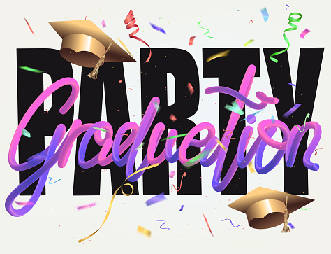 Graduation party invitation card with colorful confetti and lettering. Vector illustration