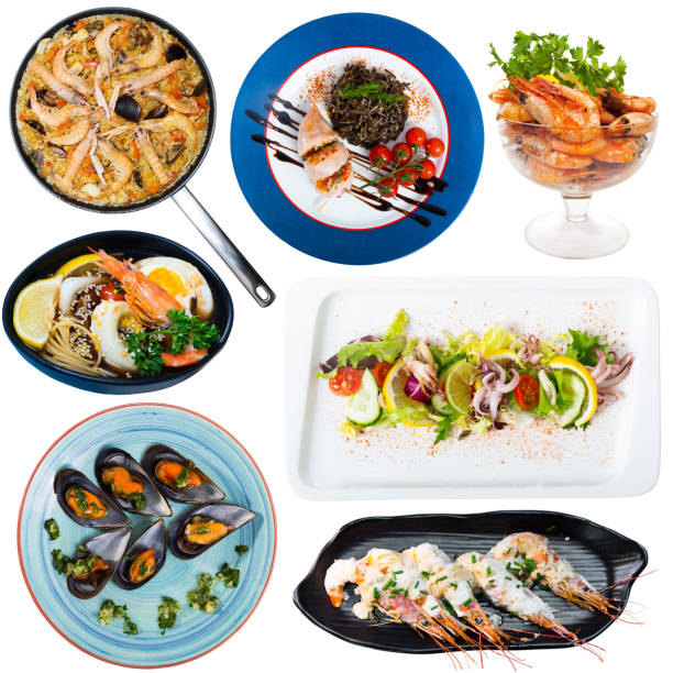 istock Plates of seafood on white background 1085021254