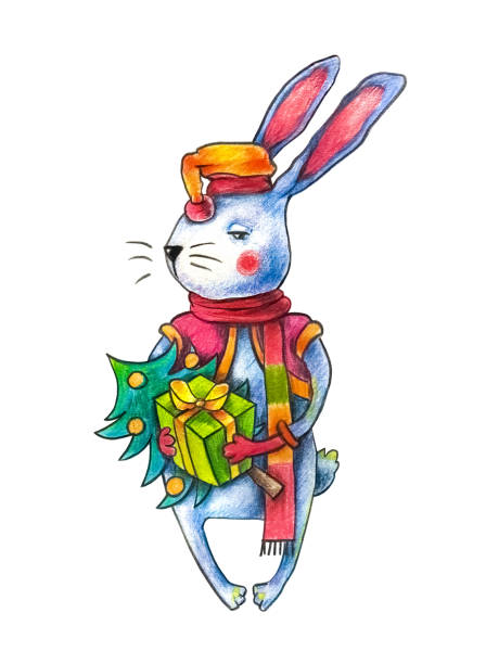 istock Rabbit in a hat and a striped scarf, holding a Christmas tree and a gift 1085021614