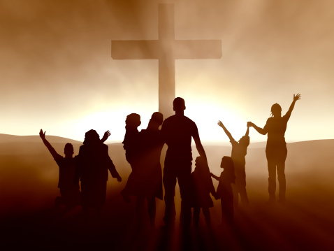 Silhouettes of family and people at the Cross of Jesus Christ. High-resolution 3D.