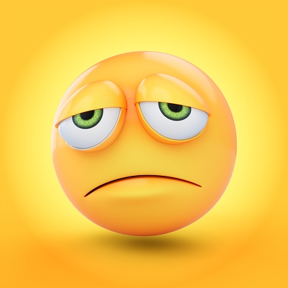 3D Rendering sad emoji isolated on yellow background.