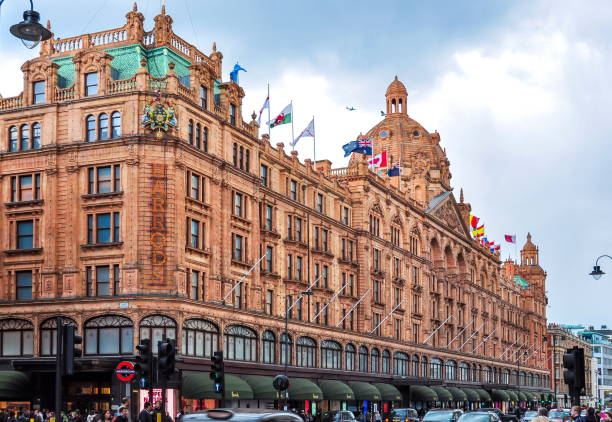 Harrods department store in London, UK London, UK - April 2018: Famous Harrods department store in London harrods photos stock pictures, royalty-free photos & images