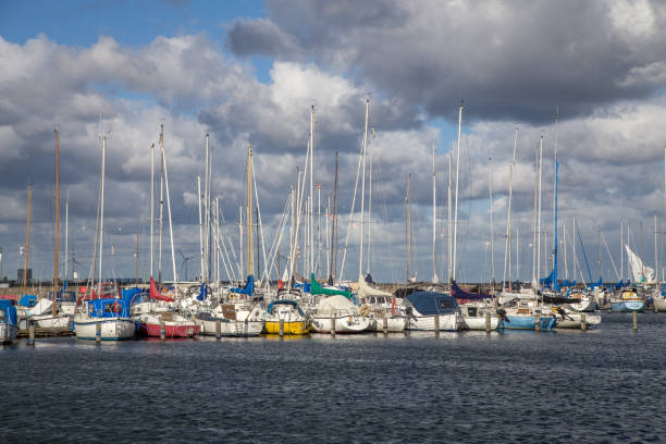 Copenhagen, Denmark - October 03, 2018: Sailboats anchored at Kastrup sailboat harbour
