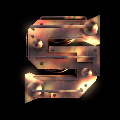 Iron mechanical old rust hot metal letter isolated on black background. Futuristic industrial alphabet in sci fi or steampunk style. Realistic 3d render.