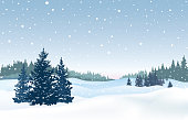 Christmas snowy background. Snow winter landscape. Retro Merry Christmas winter holiday nature greeting card.