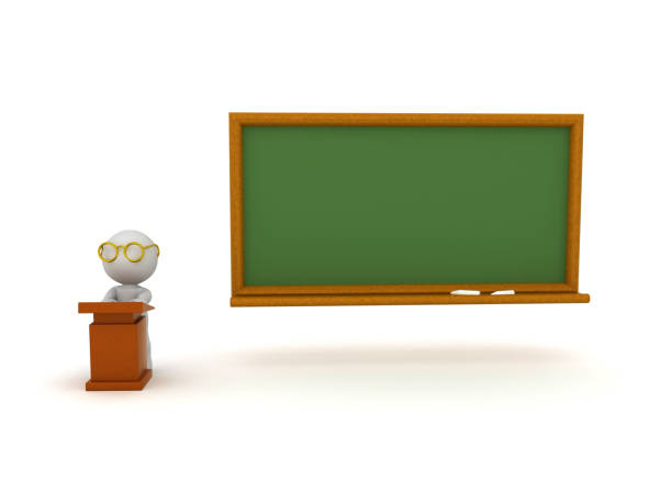 istock 3D Character sitting at lectern next to chalkboard 1085046716