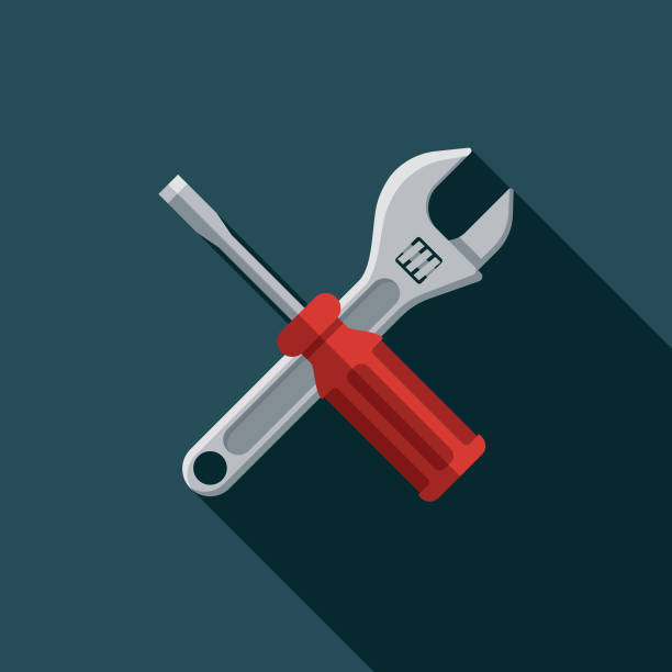 Tools Flat Design Car Service Icon A flat design/thin line icon on a colored background. Color swatches are global so it’s easy to edit and change the colors. File is built in CMYK for optimal printing and the background is on a separate layer. wrench stock illustrations