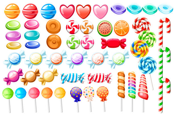 糖果準備好了收集各種卡通風格的糖果。包裝而不是棒棒糖、甘蔗、甜食。可愛的光澤糖果。平面彩色圖示。在白色背景查出的向量例證 - candy 幅插畫檔、美工圖案、卡通及圖標