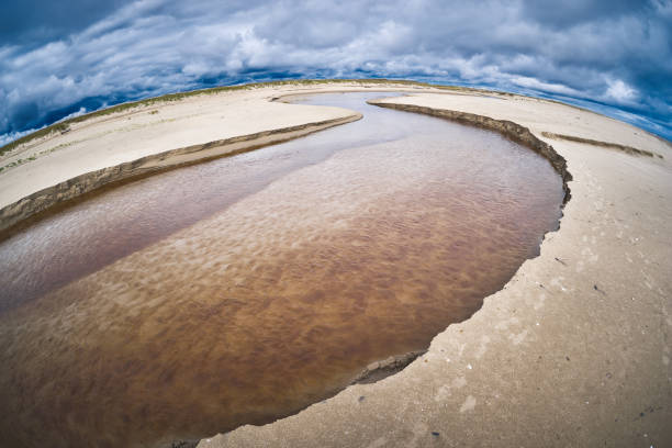 Small river estuary to sea on beach, cloudy sky reflection, fish eye lens