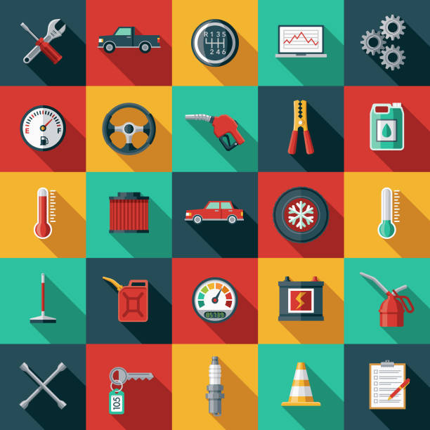 Car Service Icon Set A flat design/thin line icon on a colored background. Color swatches are global so it’s easy to edit and change the colors. File is built in CMYK for optimal printing and the background is on a separate layer. battery illustrations stock illustrations