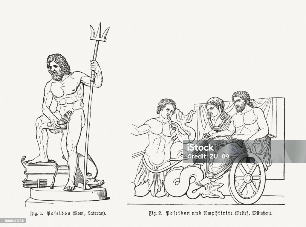 Poseidon and Amphitrite, Greek god and goddess of the Sea 1) Poseidon (Neptune) - Greek god of the Sea; 2) Poseidon and Amphitrite - Greek goddess of the Sea. Wood engravings after ancient artworks (Rome and Munich), published in 1897. Poseidon - Greek God stock illustration