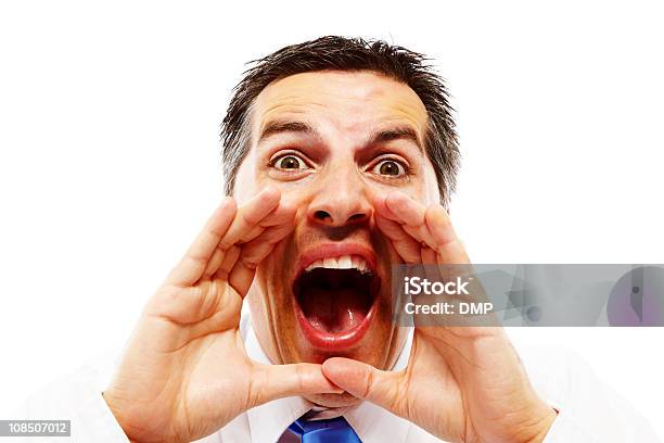 Closeup Of Young Businessman Screaming Isolated On White Stock Photo - Download Image Now