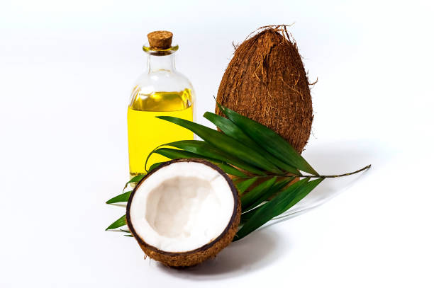 istock Coconut oil and fresh coconuts isolated. Creative layout made of coconuts and leaves on white background. 1085071544