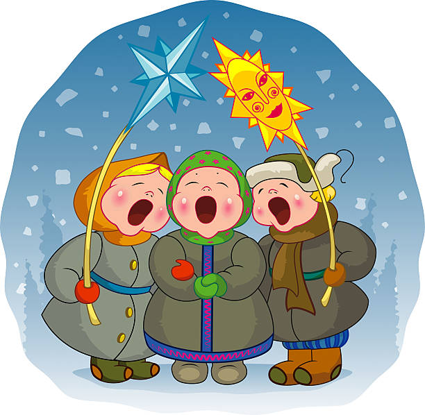 dzieci śpiewając piosenki na narodzenia - christmas singing music star shape stock illustrations