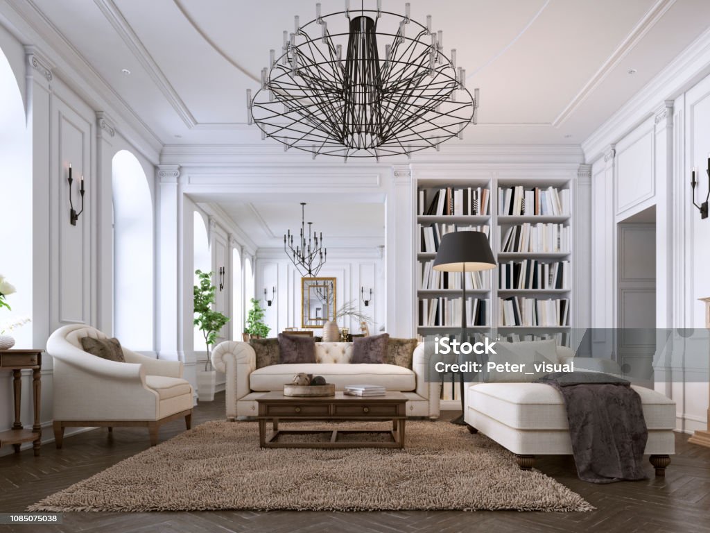 Luxury classic interior of living room and dining room with white furniture and metal chandeliers. Luxury classic interior of living room and dining room with white furniture and metal chandeliers. 3d illustration Luxury Stock Photo