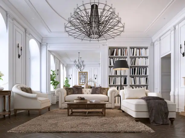 Luxury classic interior of living room and dining room with white furniture and metal chandeliers. 3d illustration