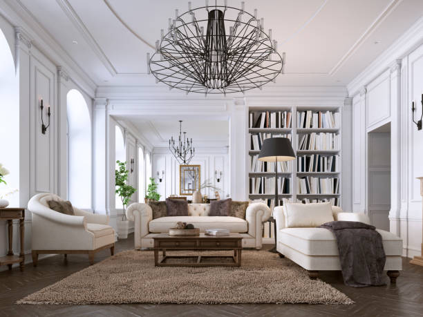 luxury classic interior of living room and dining room with white furniture and metal chandeliers. - luxo imagens e fotografias de stock