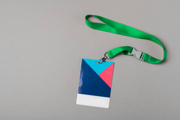 istock Colour badge mockup on gray background. Plain empty name tag mock up with colour string 1085077292