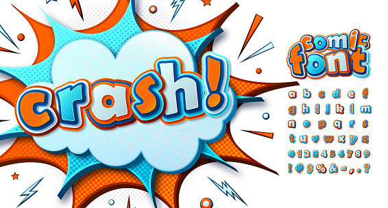 Cool comic font, kid's alphabet in style of comics, pop art. Multilayer funny blue-orange letters on comic book page, speech bubble, burst for decoration of children's illustrations, posters, banners