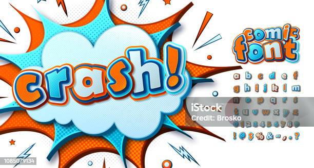 Cool Comic Font Kids Alphabet In Style Of Comics Pop Art Multilayer Funny Blueorange Letters On Comic Book Page Speech Bubble Burst For Decoration Of Childrens Illustrations Posters Banners Stock Illustration - Download Image Now