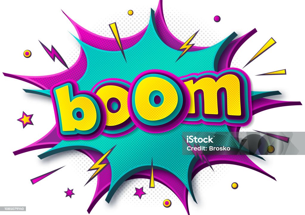 Comic poster: speech bubbles, burst, boom text and sound effect. Colorful funny banner in comics book and pop art style. Cartoon banner with halftone effect. Vector illustration Vector illustration Exploding stock vector