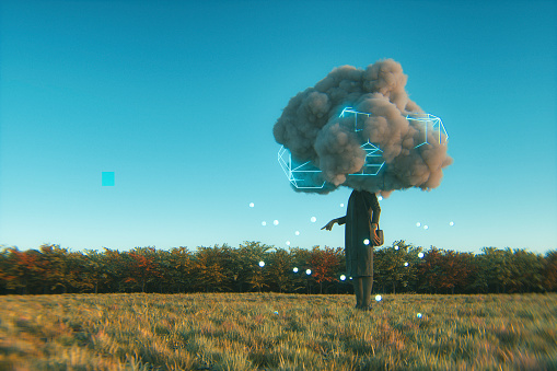 Humorous mobile cloud computing conceptual image. This is entirely 3D generated image.