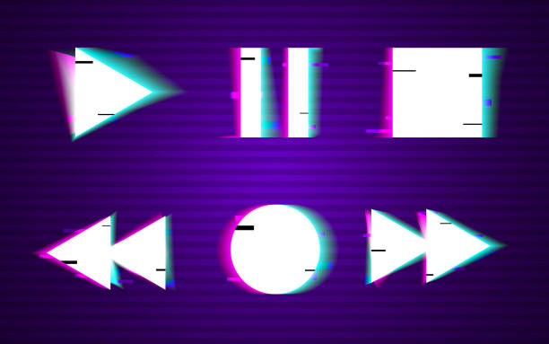 Glitch set of buttons. Minimal design. Play, rewind, stop, pause,record collection elements. VHS shapes with distortion noise. Retro background with glitched lines. Old TV effect. Vector illustration Glitch set of buttons. Minimal design. Play, rewind, stop, pause,record collection elements. VHS shapes with distortion noise. Retro background with glitched lines. Old TV effect. Vector illustration. broken old tv stock illustrations