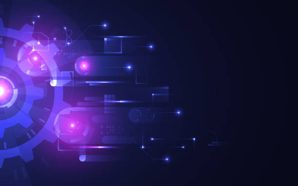 istock Abstract technology background. Futuristic glowing gears on dark backdrop. Hi-tech concept with bright connections. Modern circuit with spinning elements. Digital innovation. Vector illustration 1085079198