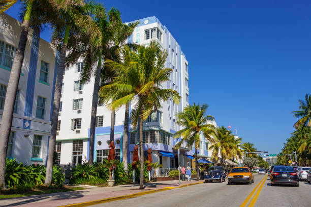 Cars drive on palm tree lined Ocean Drive in South Beach Miami Florida USA on a sunny day