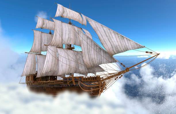 istock Sailboat flying above the clouds 3d illustration 1085093278