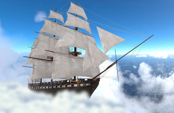 istock Sailboat flying above the clouds 3d illustration 1085093282
