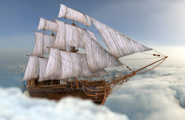 istock Sailboat flying above the clouds 3d illustration 1085093310