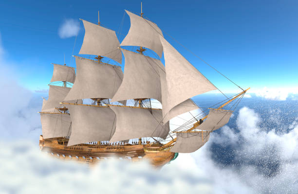 istock Sailboat flying above the clouds 3d illustration 1085093312