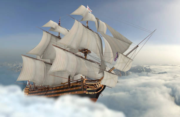 istock Sailboat flying above the clouds 3d illustration 1085093318