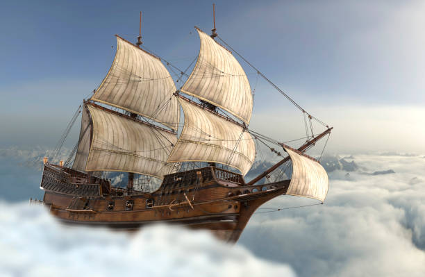 istock Sailboat flying above the clouds 3d illustration 1085093336
