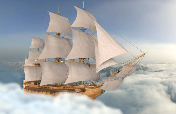 istock Sailboat flying above the clouds 3d illustration 1085093348